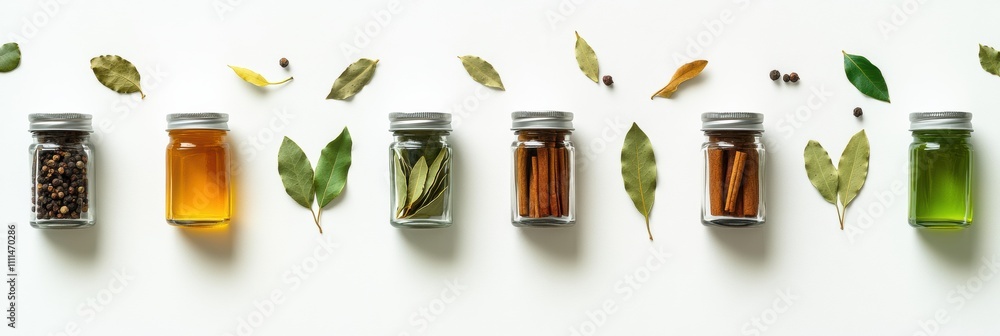 Aufkleber Small jars filled with vibrant spices alongside bay leaves and cinnamon sticks create an aromatic display with plenty of empty space for text. Generative AI