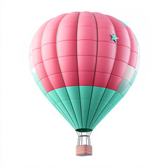 A colorful hot air balloon with pink and teal stripes, featuring a small star, floating against a clear background.