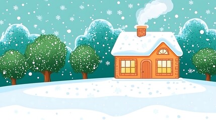 A Small Cozy House Covered in Snow with Smoke Rising from the Chimney