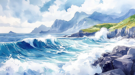 vibrant watercolor illustration of coastal cliff with crashing waves