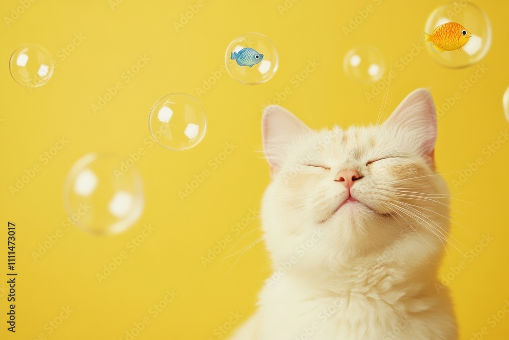 Poster A fluffy white cat with closed eyes enjoys bubbles that contain colorful fish while positioned against a cheerful yellow background. Generative AI