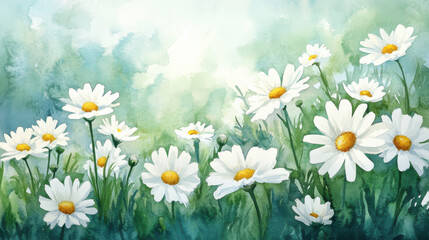 Fototapeta premium Watercolor illustration of daisy field with white flowers and green background