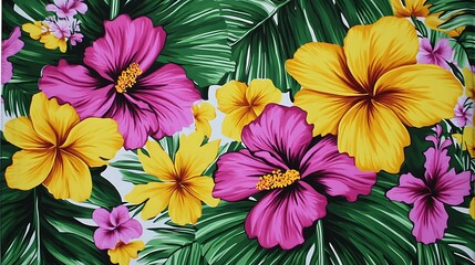 A vibrant floral pattern featuring hibiscus flowers in shades of pink and yellow with green leaves.