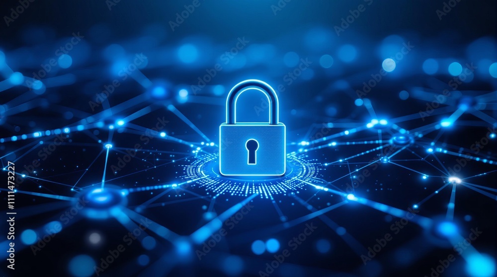 Poster cybersecurity network with glowing lock symbol on digital grid