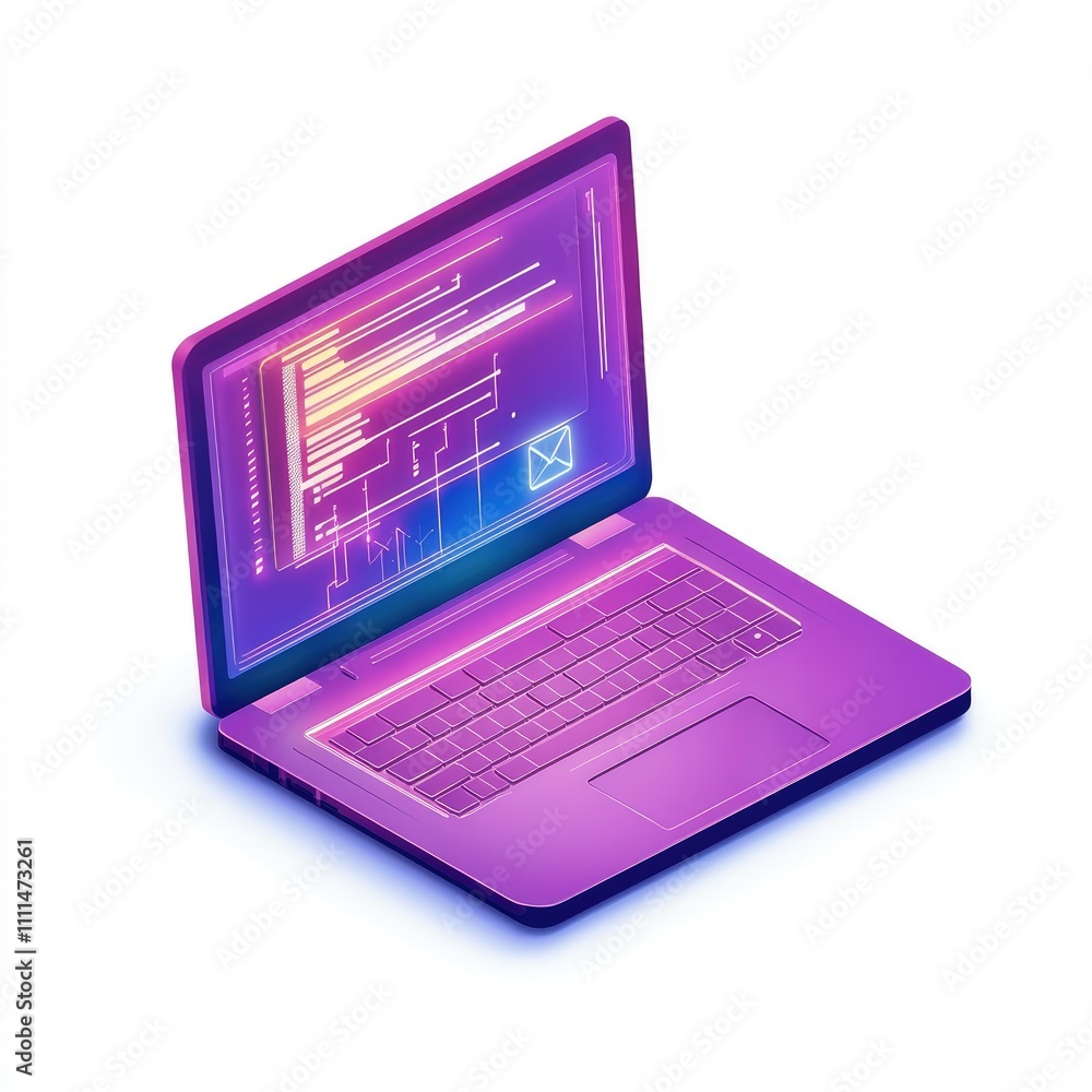 Poster purple laptop displaying code and email.