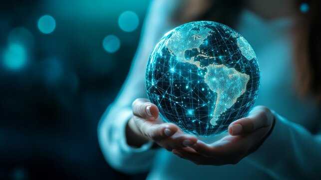 Metaverse technology concepts: woman’s hand holding global network connection, internet communication, and futuristic wireless technology with polygonal design for innovative digital backgrounds.