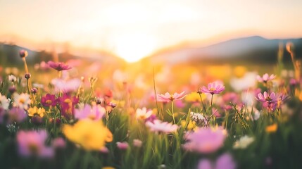 Obraz premium A vibrant field of flowers basking in the warm glow of sunset.