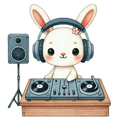 Dj bunny mixing beats at a colorful party playful environment cartoon style fun atmosphere