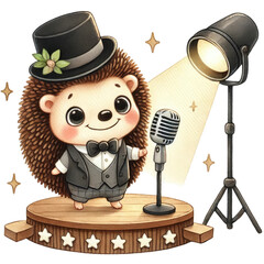 Hedgehog performing on stage theater setting digital art spotlighted environment whimsical viewpoint entertaining concept