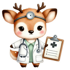 Cute cartoon deer doctor holding medical chart whimsical style animal illustration playful environment close-up view health concept