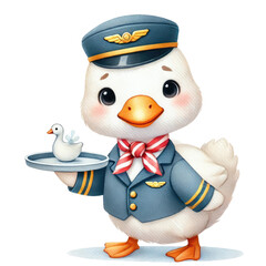 Adventurous duck pilot serving drinks aviation scene cartoon art whimsical setting playful perspective fun concept