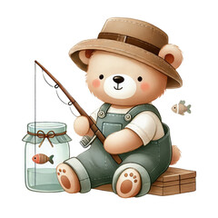 Fishing fun with a cute bear outdoor adventure illustration playful environment whimsical viewpoint childlike concept