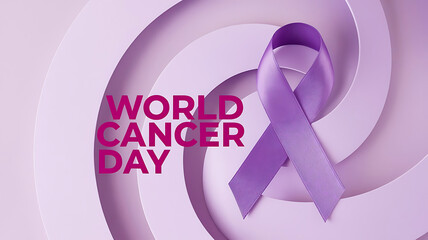 Fototapeta premium Modern minimalist illustration of Purple ribbon to raise awareness of cancer concept of World Cancer Day banner poster design
