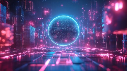 Fototapeta premium A 3D globe surrounded by floating interconnected cubes, bright digital connections representing a blockchain network, electric blue and neon pink lighting, high-tech aesthetic, ultra-realistic render,
