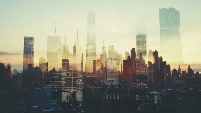 Futuristic technology background featuring modern cityscape with network icons in double exposure, showcasing high-tech digital connectivity and urban innovation