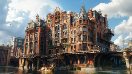 Naklejka premium A large ornate brick building with many windows and balconies