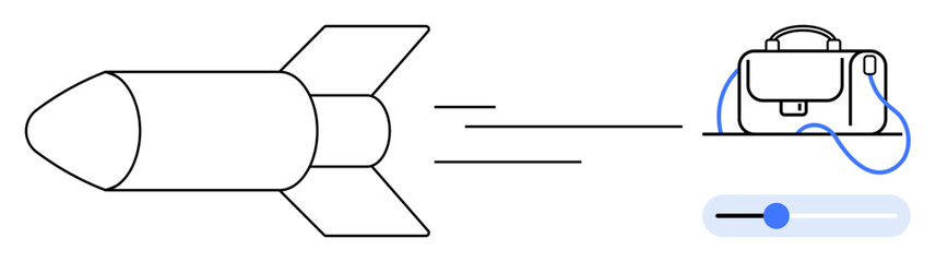 Rocket targeting briefcase symbolizing career goals, with progress bar slider indicating progress measurement. Ideal for business, strategy, goal setting, career development, technology, motivation