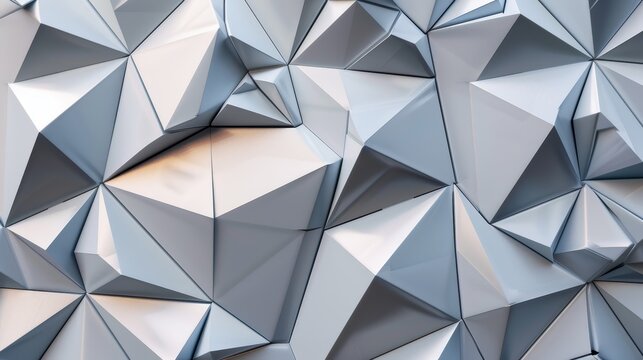 Low angle view of a modern building facade covered in reflecting silver geometric triangular panels, creating a futuristic architectural design