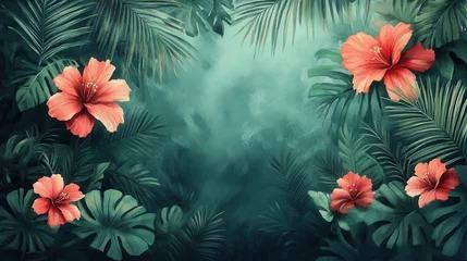 Fotobehang Lush tropical forest with vibrant hibiscus flowers and greenery © Beautiful