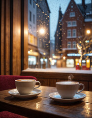 Obraz premium Coffee date in a winter day, christmas mood, snowy outside the coffeeshop, warm vibe, light outside the street 
