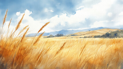 serene prairie landscape with golden grass and distant mountains