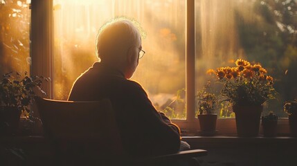 Elderly Man in Prayer by Sunlit Window in Warm Morning Light