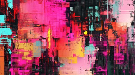 Vibrant neon glitch texture background featuring futuristic digital processing elements and abstract computer art with dynamic pixelated effects, perfect for technology-themed visuals, modern graphic 
