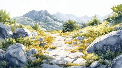 scenic rocky mountain trail surrounded by lush greenery and hills
