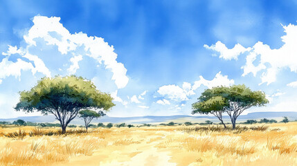 serene savanna landscape featuring acacia trees under bright blue sky