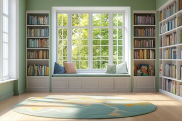 A cozy children’s library corner featuring colorful bookshelves filled with books, a reading area with soft cushions, and inviting decor. Perfect for young readers to explore stories. 
