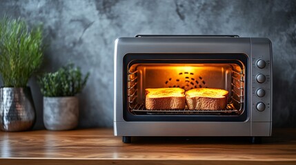 A white, modern toaster oven placed on a table alongside homemade sweet potato butter toast