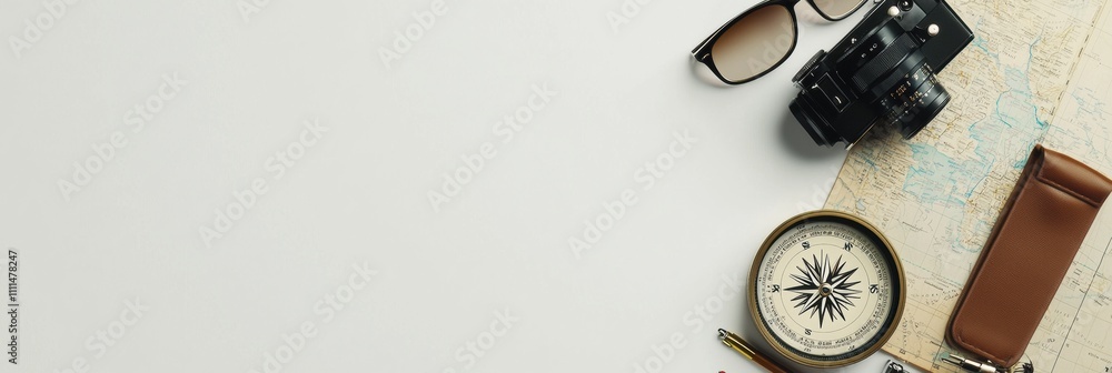 Fototapete travel essentials like a map, compass, small camera, and sunglasses are neatly arranged, offering a 