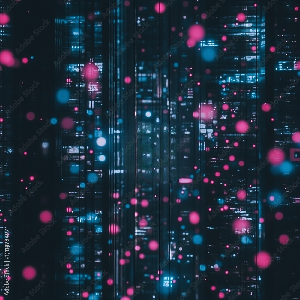 Poster abstract digital data stream with glowing particles.