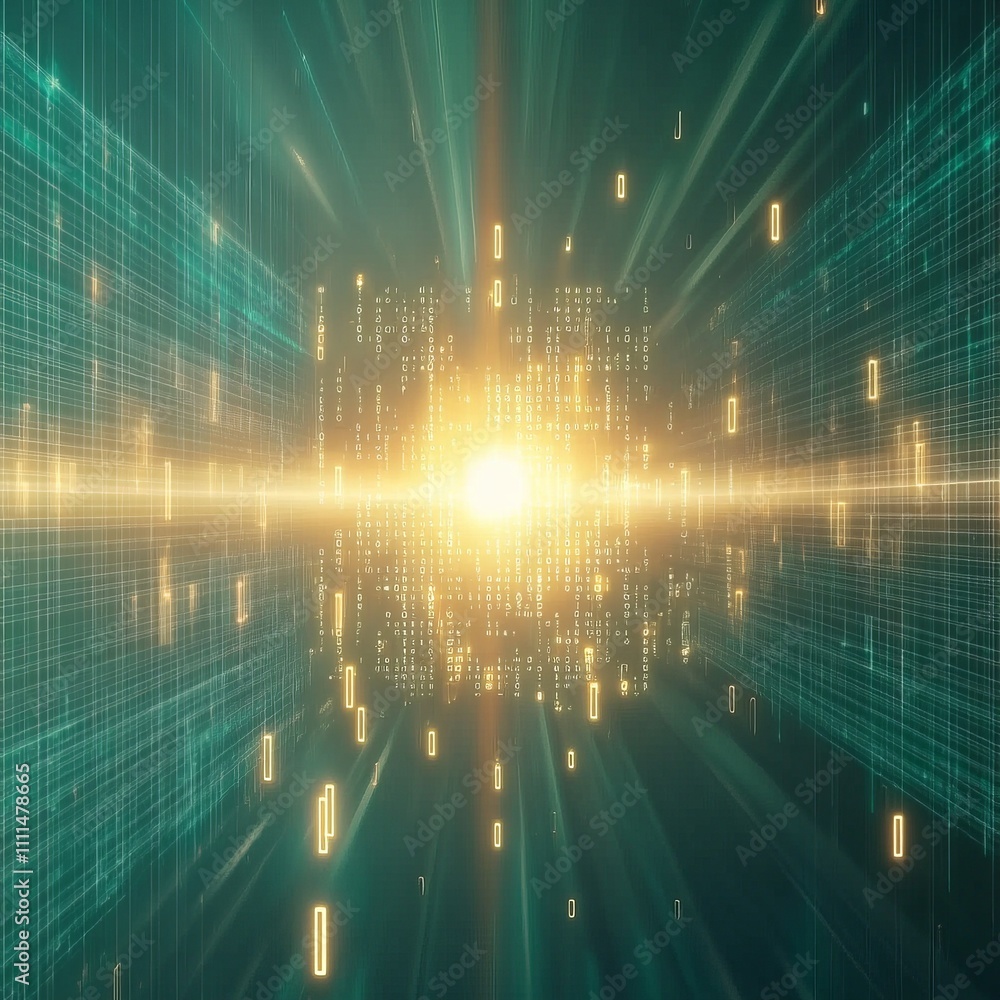 Poster abstract digital tunnel with glowing particles and data streams.