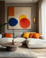 Modern living room with abstract art, cozy sofa and colorful cushions