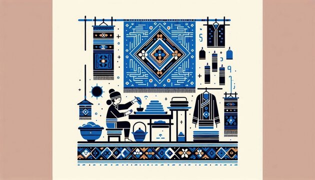 Illustrated Hmong batik artist engaging in traditional indigo dyeing craftwork