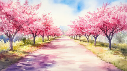 serene springtime orchard with blooming pink cherry trees lining path