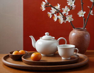 Fototapeta premium Lunar new year home decor with tea and flowers