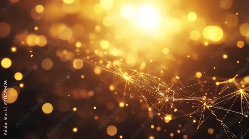 Poster abstract technology background featuring a network and connection concept with glowing golden bokeh 