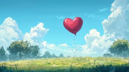A heart-shaped balloon floating in the sky, lightness, love, happiness, whimsical