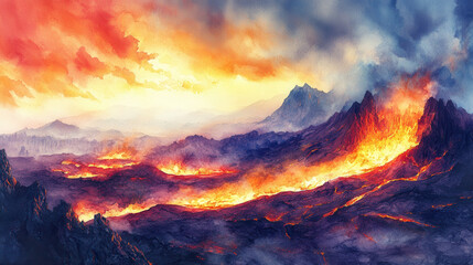 stunning volcanic landscape with flowing lava and dramatic skies