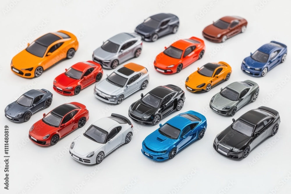 Poster A variety of miniature car models are creatively displayed on a white backdrop, leaving ample space for customized text or branding. Generative AI