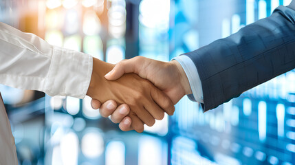 Business partners shaking hands in a futuristic office with digital charts and graphs around them