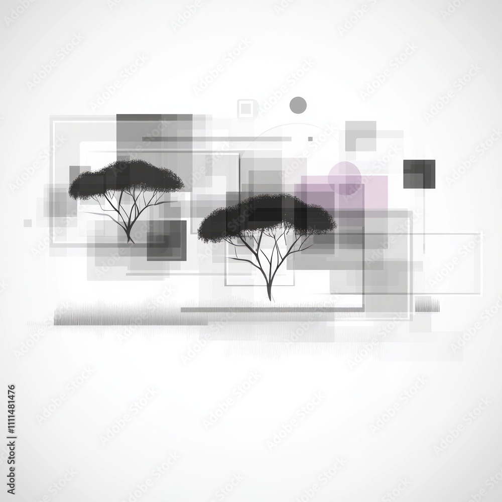 Poster abstract grayscale illustration of two trees within geometric shapes.