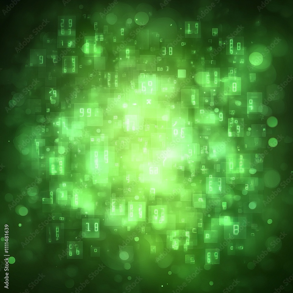Poster abstract green digital background with glowing numbers and bokeh effect.