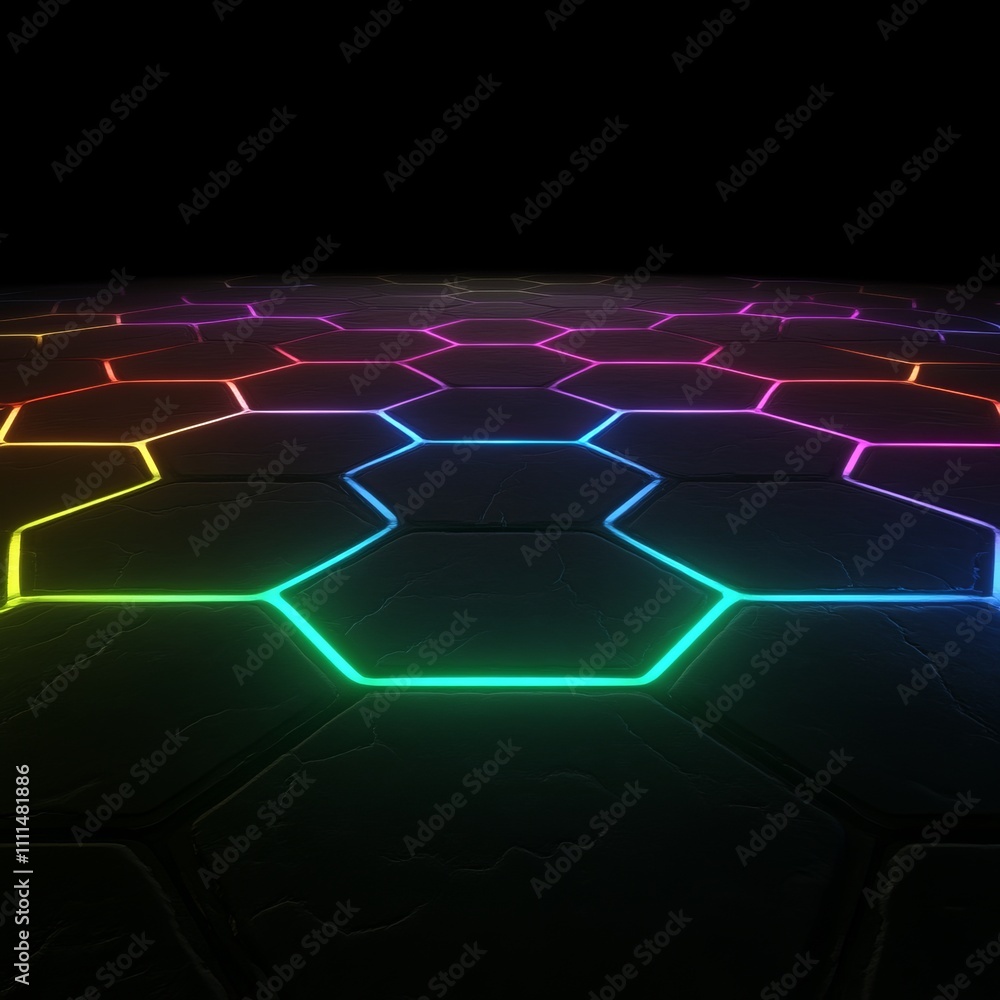 Poster abstract hexagonal pattern with vibrant neon rainbow lines on dark background.