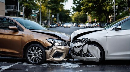 Urban collision scene: two sedans involved in a front-to-front accident on city street