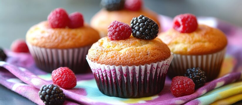 Close-up of three freshly baked muffins topped with raspberries and blackberries, on a colorful patterned napkin.