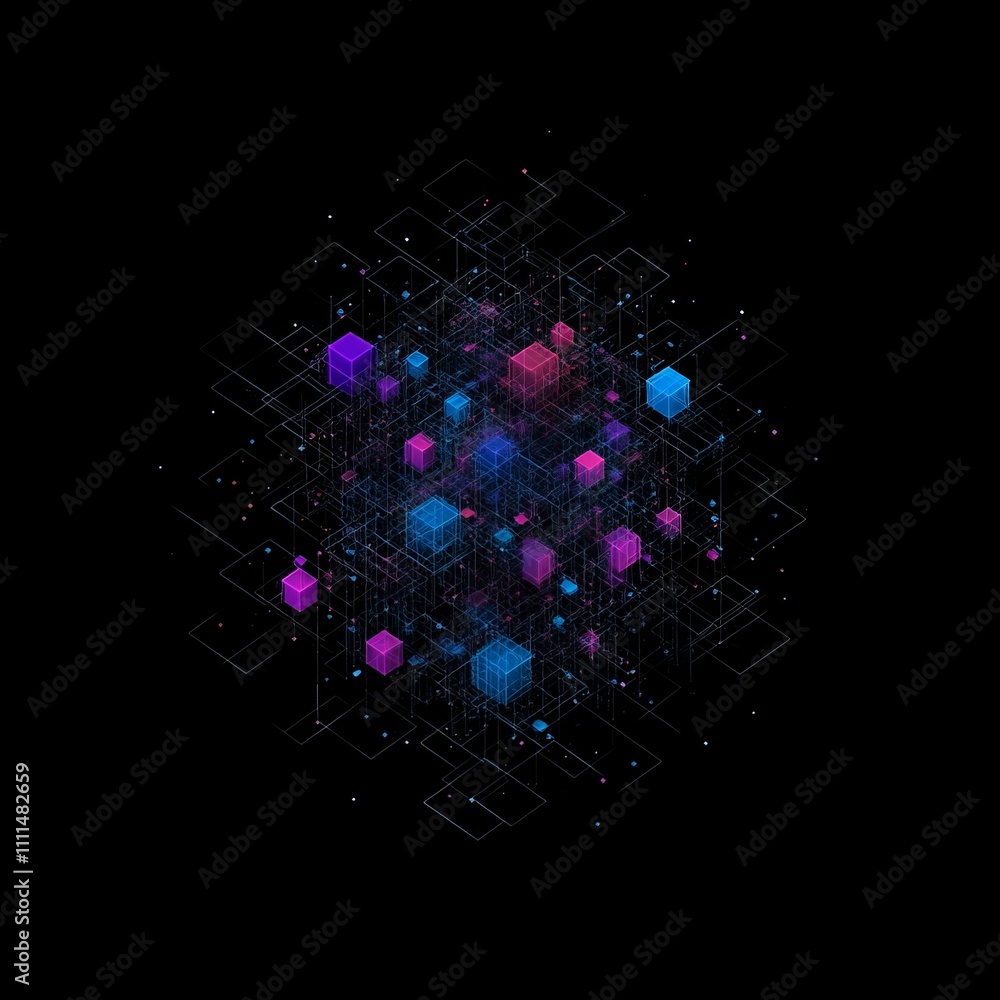 Poster abstract network data visualization with glowing cubes and lines on black background.