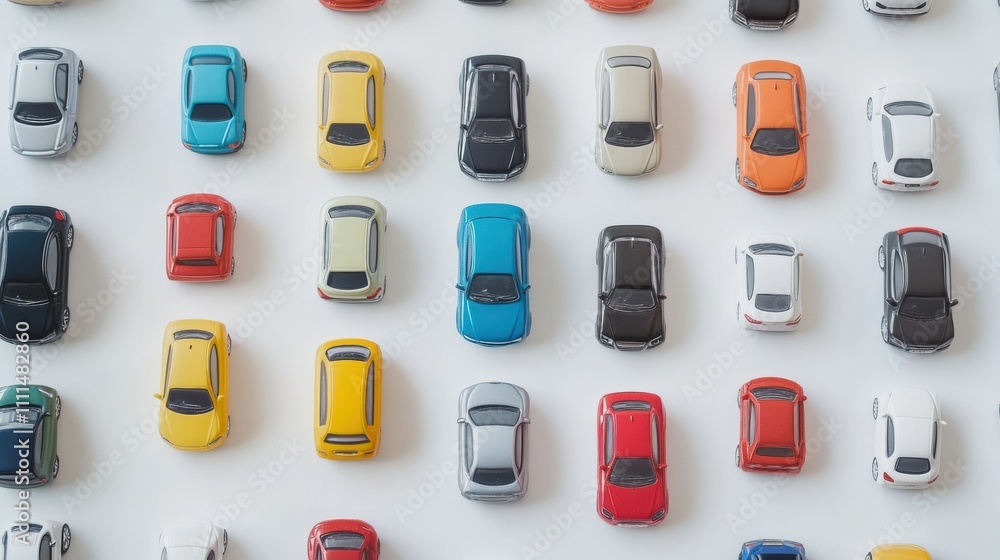 Poster Various miniature car models of different colors are arranged neatly on a white surface, providing space for added text or information. Generative AI